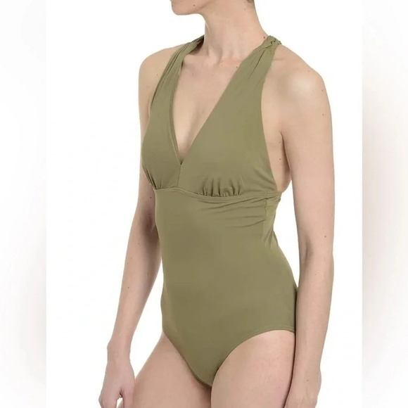 Spanx Olive Green 1 Pc Swimsuit Bathing Suit V Neck Braided Strap Sz 10 NWT - Picture 5 of 8